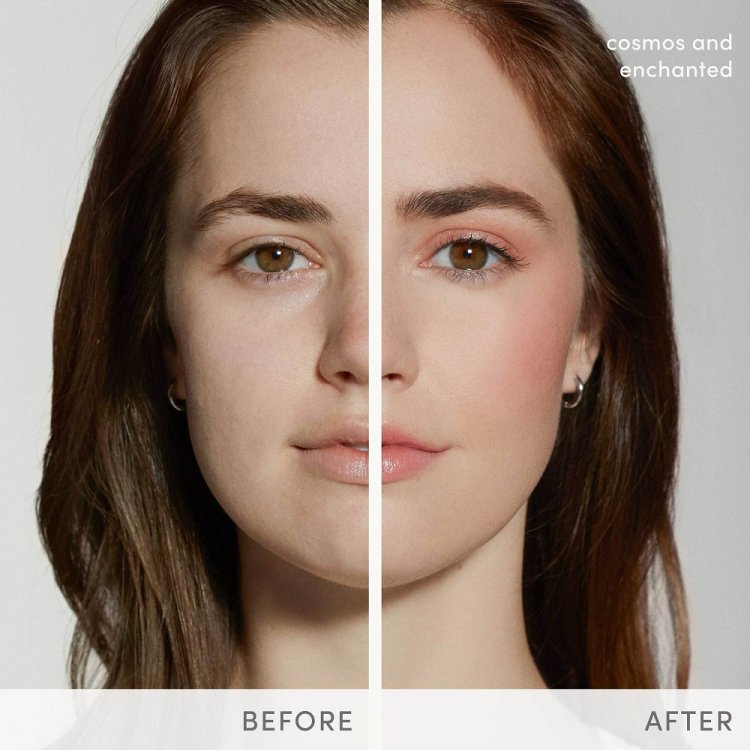 Tvář modelky je rozdělena na dvě poloviny. Na levé straně je bez make-upu, na pravé straně s make-upem a naneseným rozjasňovačem Cosmos.