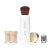 Na obrázku je vidět štětec integrovaný s sypkým pudrem značky Jane Iredale Powder-Me SPF. Produkt se skládá z elegantní bílé nádobky s měkkým, zaobleným štětcem a dvou průhledných náplní s ochranným pudrem.