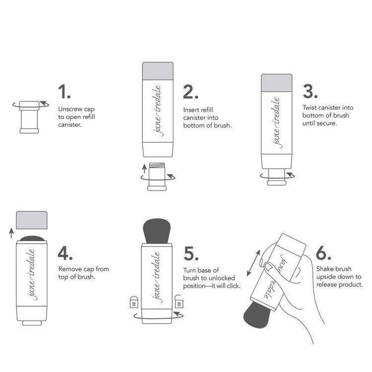 Na fotografii je vidět návod k použití štětce s sypkým pudrem Jane Iredale – Powder-Me SPF. Obrázek krok za krokem ilustruje, jak namontovat náplň s pudrem a připravit štětec k použití. Návod se skládá ze 6 kroků.
