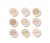 Na fotografii je vidět devět kulatých pudrů v mini verzi značky Jane Iredale, uspořádaných do mřížky 3x3. Každý z nich má jiný odstín – od velmi světlých po mírně tmavší tóny, ideální pro přizpůsobení různým typům pleti.