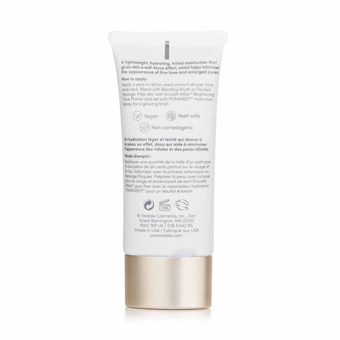 Zadní strana obalu JANE IREDALE Dream Tint Tinted Moisturizer je elegantní tuba z měkkého plastu v béžové barvě s jemnými zlatými akcenty. Má praktický dávkovací otvor, který umožňuje snadnou aplikaci. Objem je 40 ml.