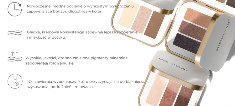 Na grafice vidíme fotografii očních stínů Jane Iredale PurePressed Eye Shadow Triple a popsány čtyři klíčové vlastnosti produktu.