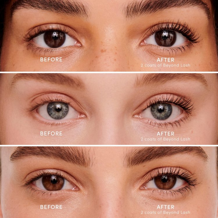 Na zdjęciu są trzy pary oczu modelek przed  i po pomalowaniu rzęs tuszem Beyond Lash Volumizng Mascara. Rzęsy są wyraźnie dłuższe, gęstsze i dobrze rozczesane.