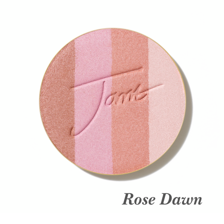 Kulatý, lisovaný multifunkční bronzer na obličej značky Jane Iredale v odstínu Rose Dawn s vyraženým logem Jane Iredale. Bronzer se skládá ze čtyř odstínů.