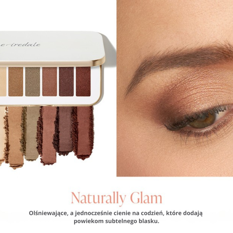 Zobrazené nalíčené oko a vzorky barev z paletky Naturally Glam; zleva: světle vanilková béžová, zlatohnědá, chladná olivová s nádechem šedé, měděná růžovo-hnědá, čokoládová bordó, teplá rezavě hnědá.