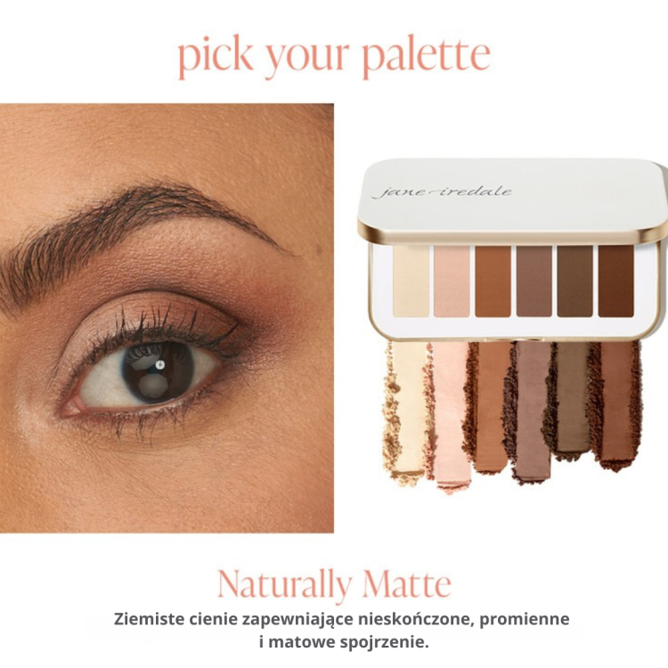 Zobrazené nalíčené oko a vzorky barev z paletky Naturally Matte; zleva: matný neutrální krém, saténová jemná růžová, matná terakota, matná lilkově hnědá, matná hluboká čokoládová a matná červenohnědá.