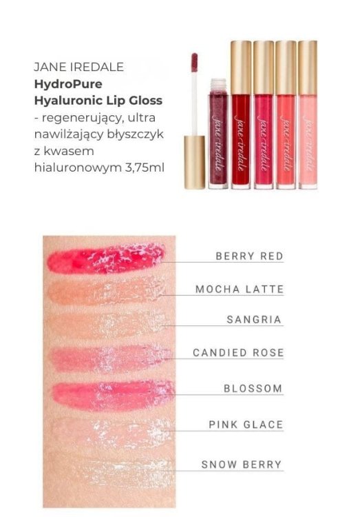 Na obrázku jsou vidět vzorky barev produktu HydroPure Hyaluronic Lip Gloss ve formě swatchů na ženském předloktí se světlou a střední pletí.