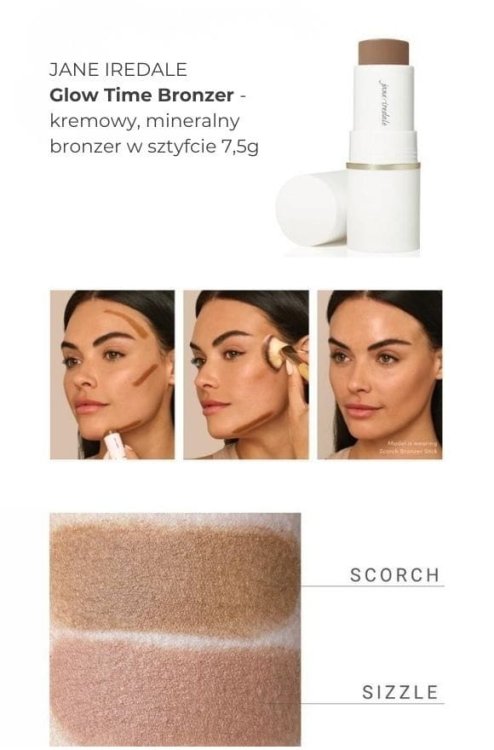 Na obrázku jsou vidět vzorky odstínů produktu Glow Time Bronzer Stick ve formě swatchů na ženském předloktí se světlým a středním tónem pleti.