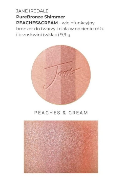 Na obrázku jsou vidět vzorky odstínů produktu PureBronze Shimmer Bronzer Peaches & Cream ve formě swatchů na ženském předloktí se světlým a středním tónem pleti.