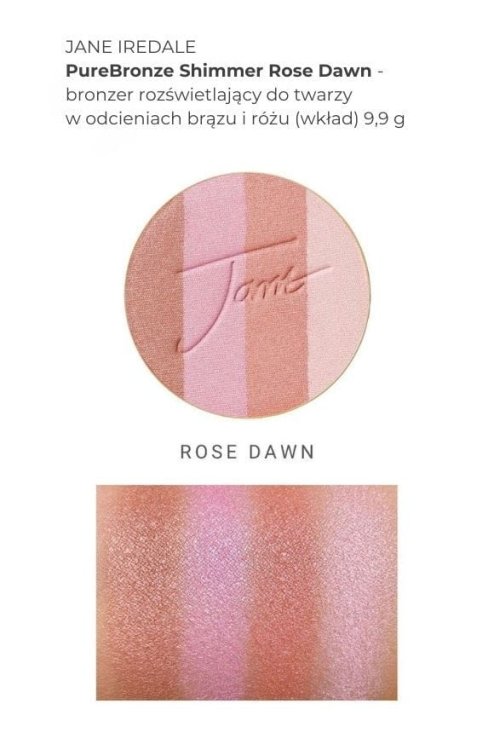 Na obrázku jsou vidět vzorky odstínů produktu PureBronze Shimmer Bronzer Rose Dawn ve formě swatchů na ženském předloktí se světlým a středním tónem pleti.