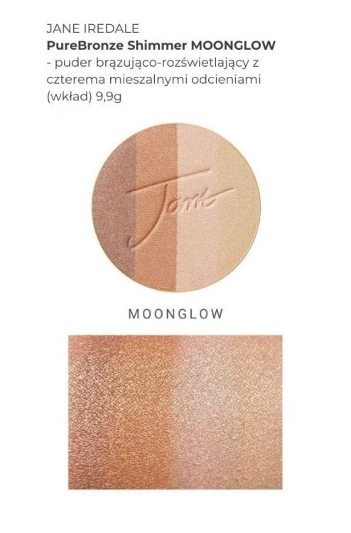 Na obrázku jsou vidět vzorky odstínů produktu PureBronze Shimmer Bronzer Moonglow ve formě swatchů na ženském předloktí se světlým a středním tónem pleti.