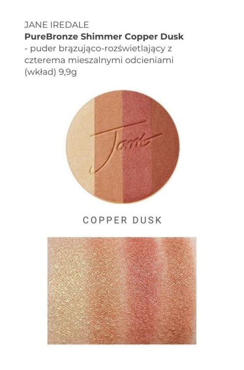 Na obrázku jsou vidět swatche odstínů produktu PureBronze Shimmer Bronzer Copper Dusk na ženském předloktí se světlou a střední pletí.