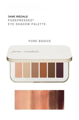 Paletka očních stínů jane iredale Pure Basics. Paletka obsahuje šest odstínů v teplé, neutrální tonaci. Dole jsou zobrazeny swatche ukazující sytost a přechody barev.