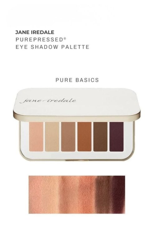 Paletka očních stínů jane iredale Pure Basics. Paletka obsahuje šest odstínů v teplé, neutrální tonaci. Dole jsou zobrazeny swatche ukazující sytost a přechody barev.