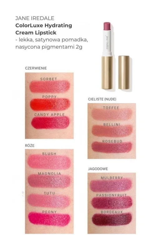 Na obrázku jsou vidět vzorky barev produktu ColorLuxe Hydrating Cream ve formě swatchů na ženském předloktí se světlou a střední pletí.