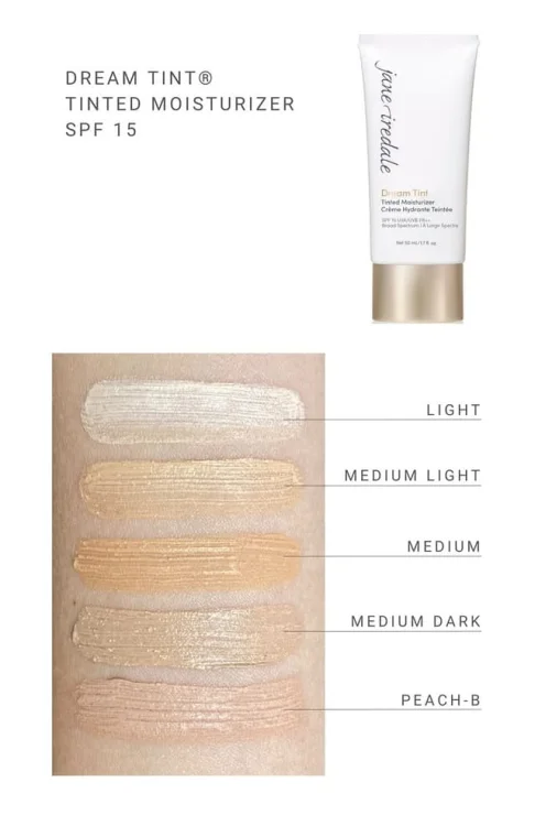 Grafika zJane Iredale – Dream Tint® Tinted Moisturizer SPF 15 wraz z dostępnymi odcieniami. U góry widoczny jest produkt. Poniżej są swatche pięciu kolorów na skórze, co ułatwia dopasowanie odpowiedniego odcienia.