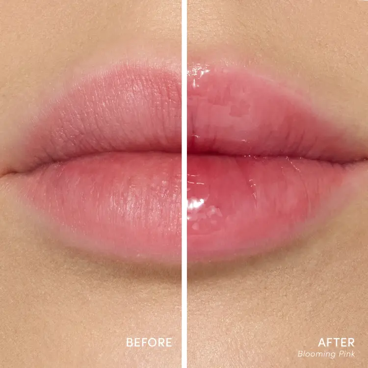 Fotografie typu „před a po“ zachycuje detail rtů modelky. Vlevo mají rty přirozenou, jemně růžovou barvu, vpravo po aplikaci oleje Jane Iredale Just Kissed Lip Oil získávají intenzivnější růžový odstín.